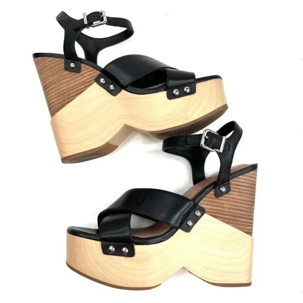 Gianni Bini Black Leather Platform Wedges with Wood-Look Sole